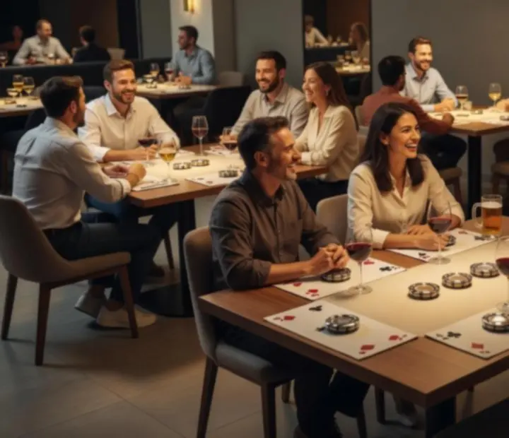 Lounge hangulatú éttermi tér több csoportos asztallal